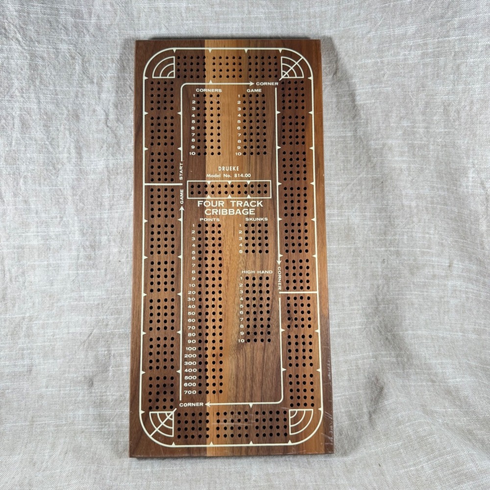 Vintage Wooden Cribbage Board Set Brass Inlay Mid Century Game Decor